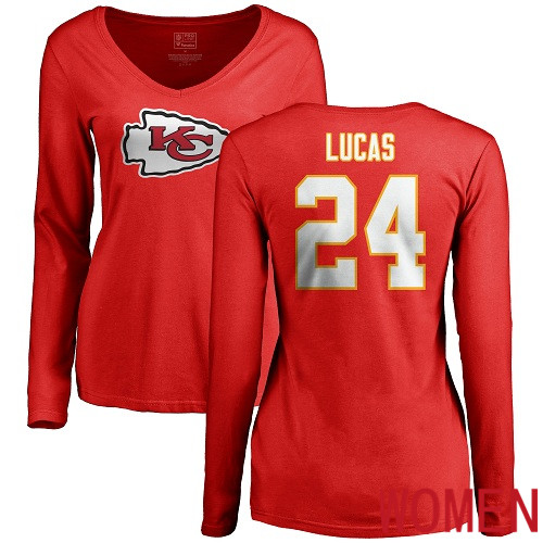 Women Football Kansas City Chiefs #24 Lucas Jordan Red Name and Number Logo Slim Fit Long Sleeve T-Shirt